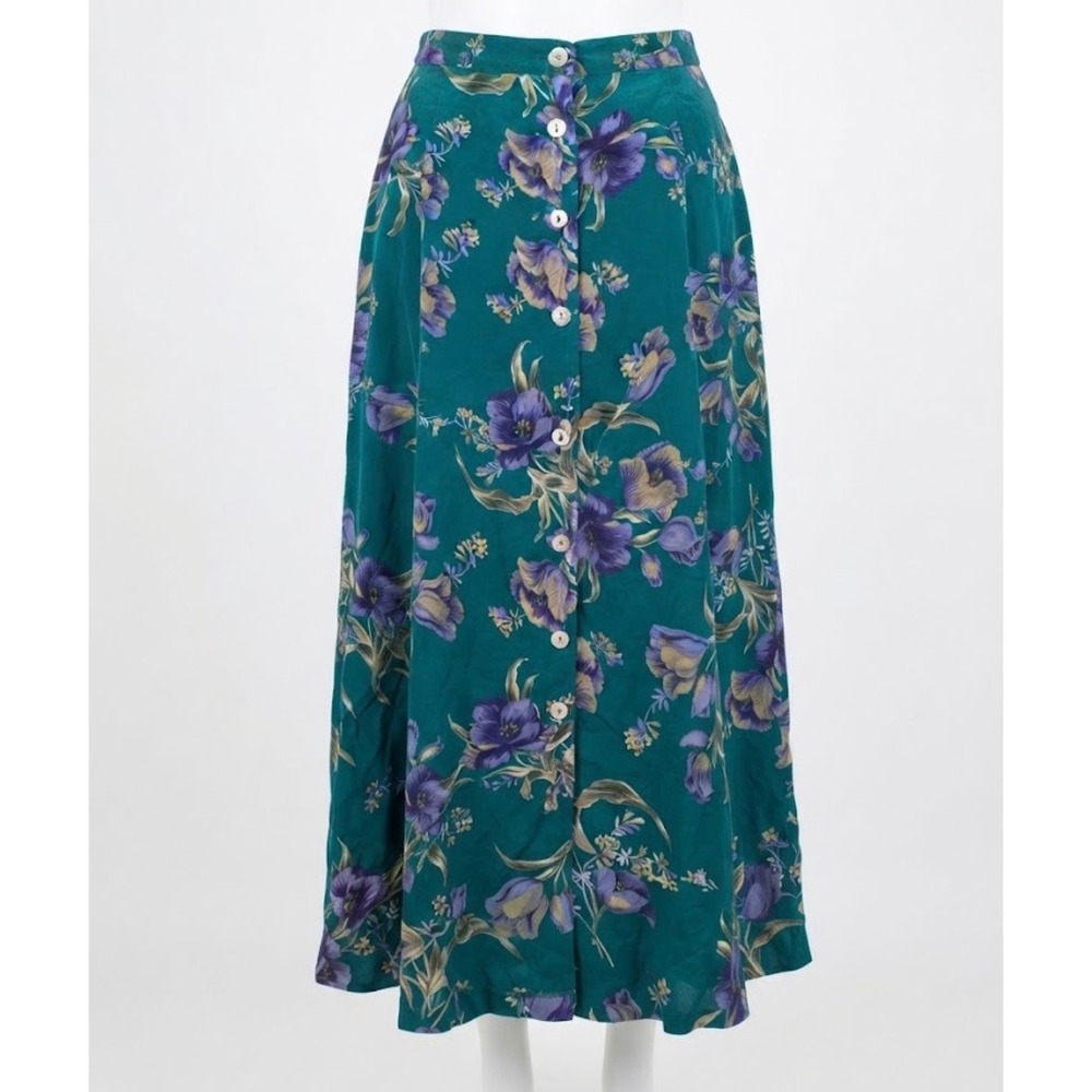 Alfred Dunner Vintage 100% Silk Teal Purple Floral Button Front Maxi Skirt 16